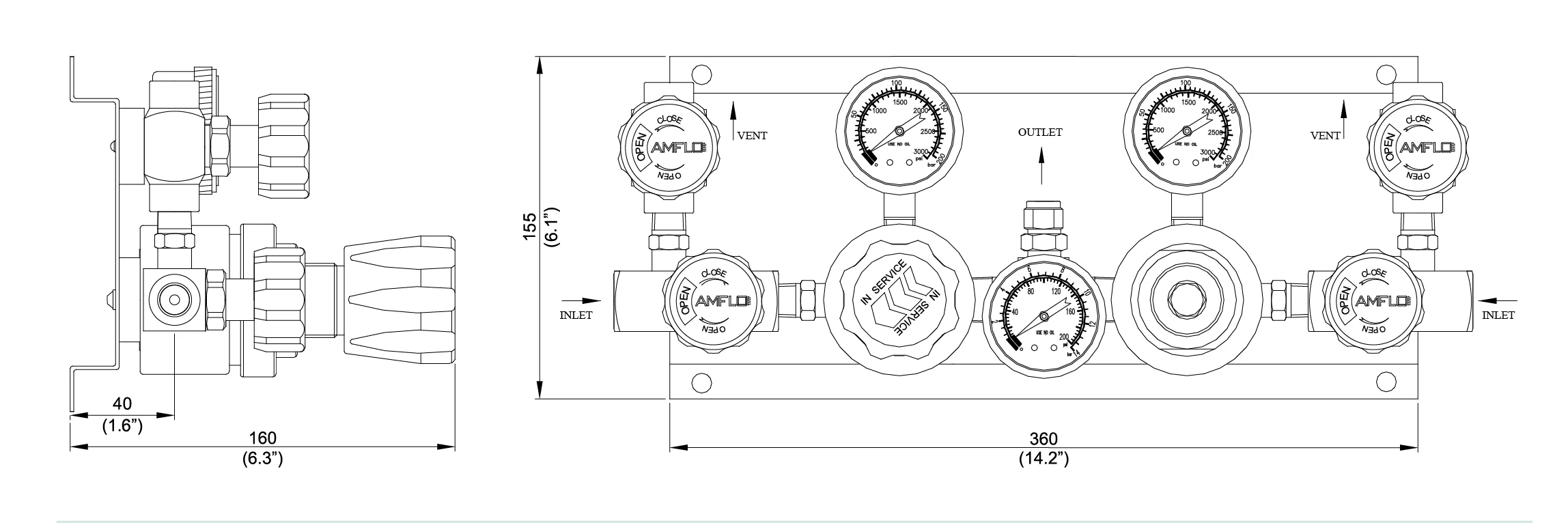 Панель газовая полуавтоматическая AMFLO PSB1200 ADGP13R,  одноступенчатая, Pвх-206 bar, c манометрами, PRV, PUV, обж. фитинг 1/2''  CV-1.0 / Semi-automatic GP AMFLO PSB1200 ADGP13R single-stage, inlet pressure 206bar,  PRV, ball valves. FNPT 1/2 CV-1