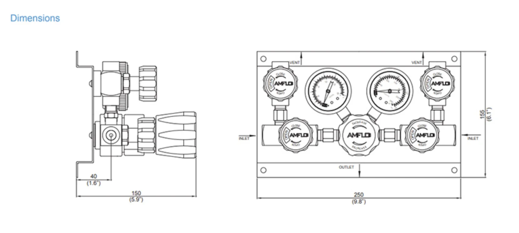 Панель газовая ручная двухплечевая AMFLO PSB 210 D-P00-00R, Pвх-241 bar, c манометрами, PRV, PUV, FNPT 1/4  CV-0.08 / Manual gas panel AMFLO PSB 210 D-P00-00R single-stage, inlet pressure 241bar,  PRV, ball valves, connections FNPT 1/4 CV-0.08
