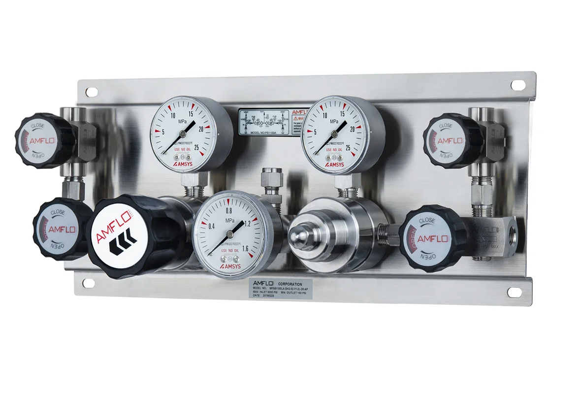 Панель газовая полуавтоматическая AMFLO PSB1100 ADGP00R,  одноступенчатая, Pвх-206 bar, c манометрами, PRV, PUV, FNPT 1/4  CV-0.08 / Semi-automatic GP AMFLO PSB1100 ADGP00R , ball valves. cons. FNPT 1/4 CV-0.08